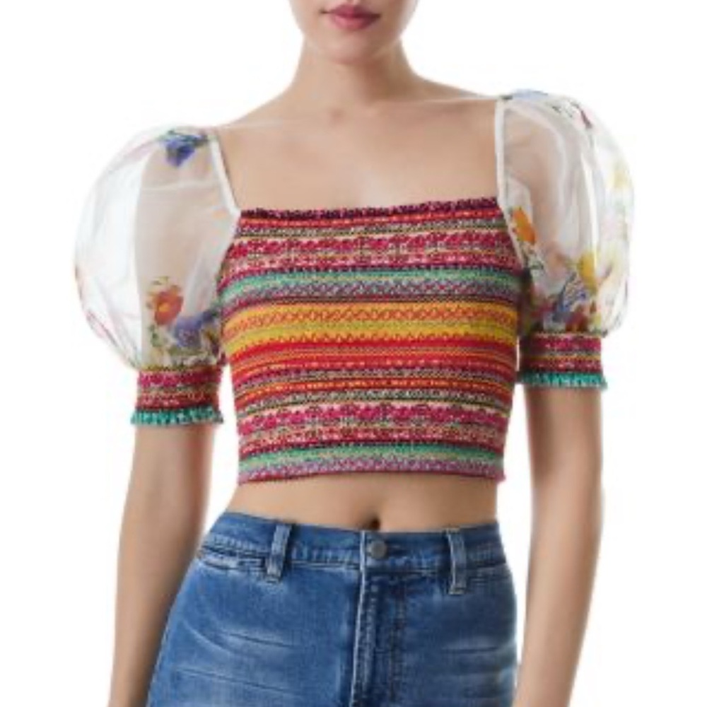 Alice + Olivia Vibrant Crop Top with Puff Sleeves
